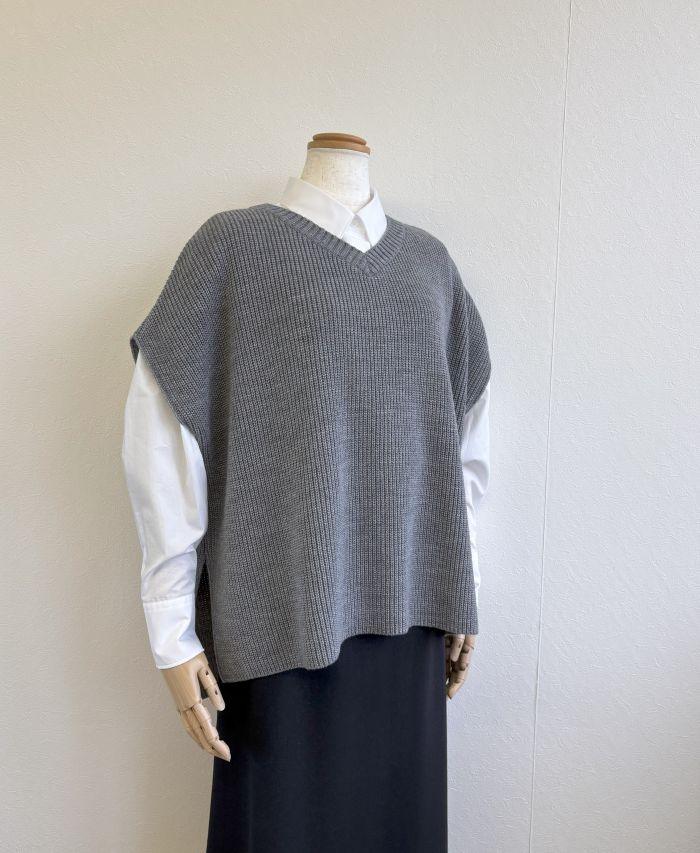 ★新色★　重ね着コーデ　片畦オーバーサイズ　ニットベスト　【グレー杢】1枚目の画像